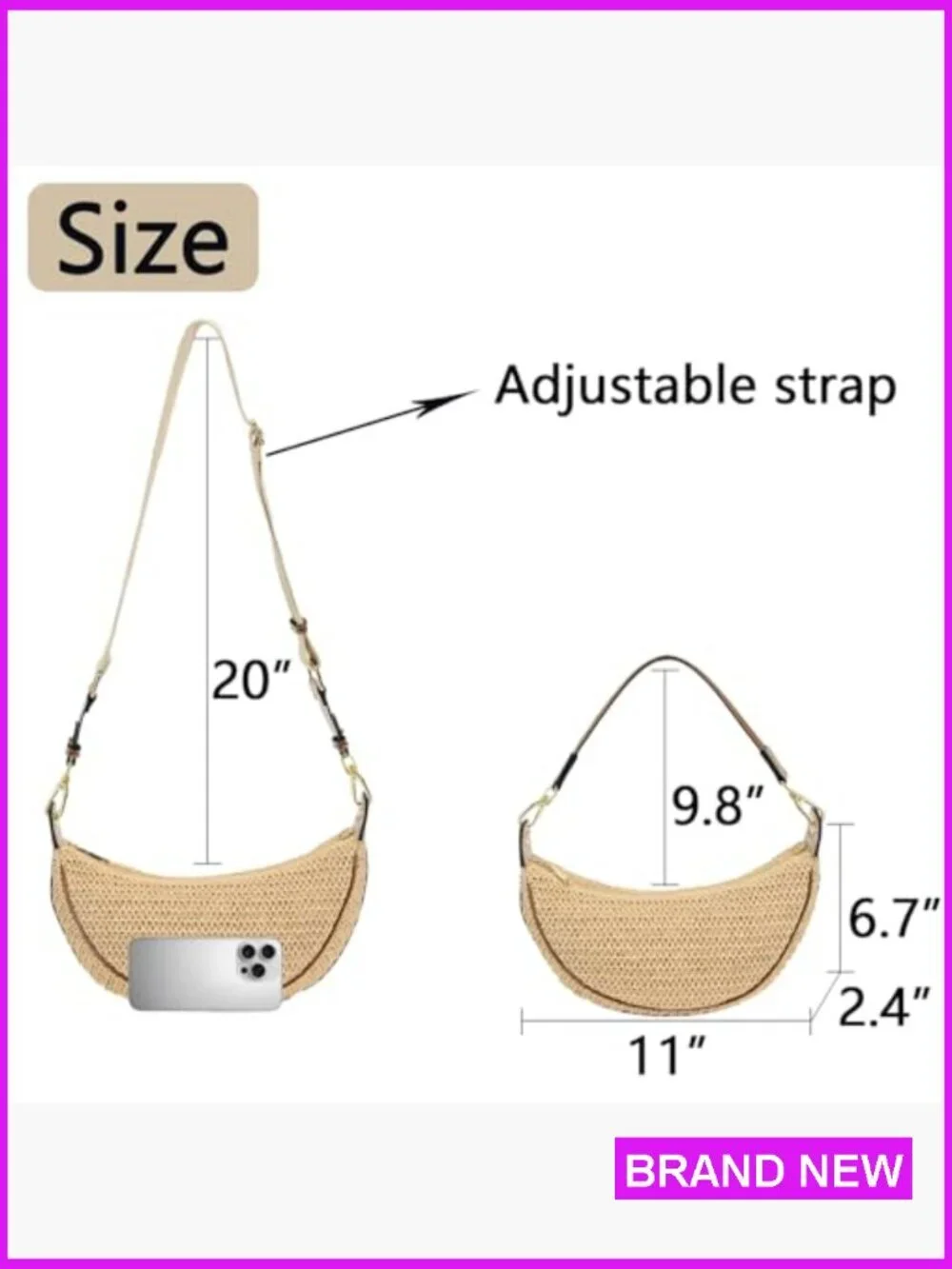 Straw Crossbody Bag Crescent Woven Shoulder Hobo Purse Adjustable Strap